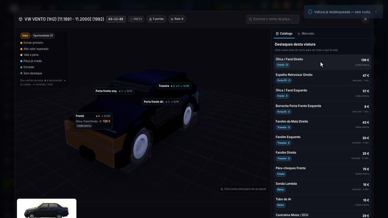 Modelo 3D da viatura em desmantelamento, no TP Software
